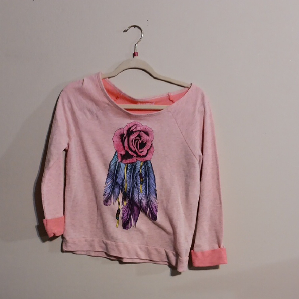 Stranded Pink Sweatshirt with Floral and Feather Design